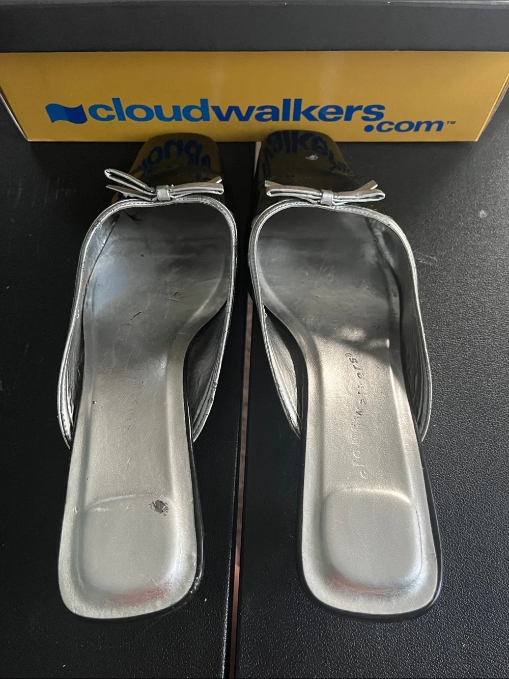 Women's Black Patent Slip-On Heels with Silver Trim and Bow
